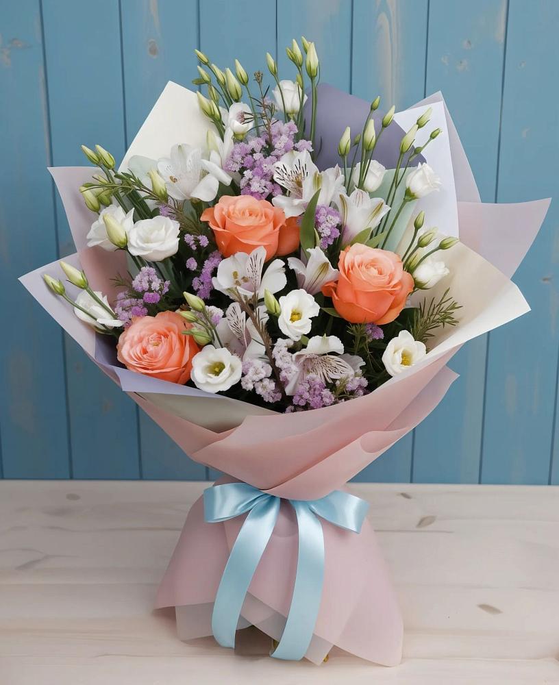 Букет цветов из: Лизиантусы, Розы, Альстромерии и Гипсофила в Медвеженском